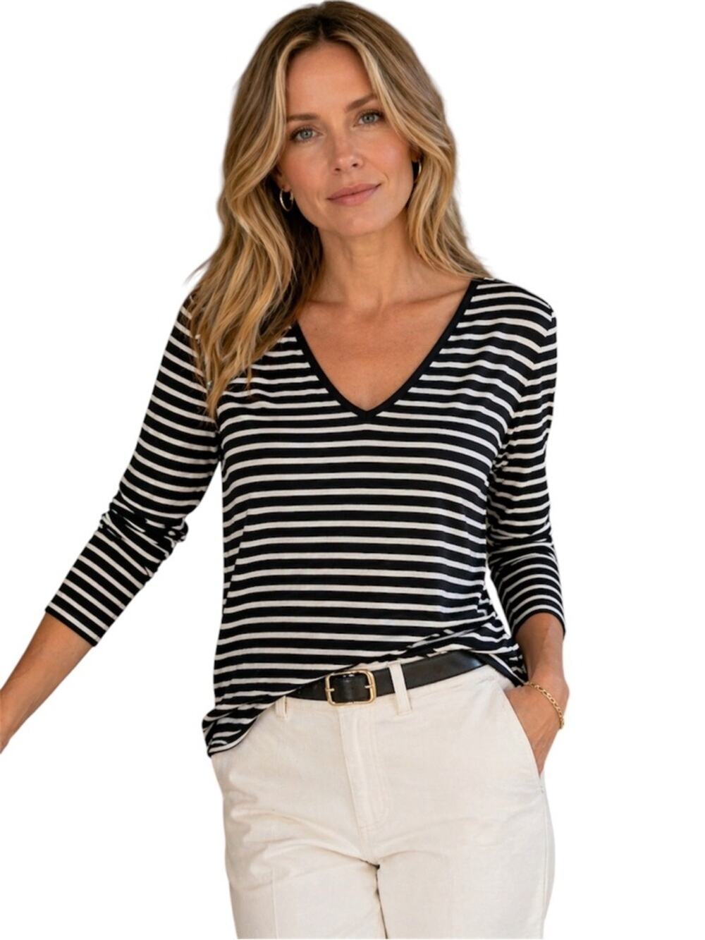 Ralph Lauren Jeans Co. Black and White Striped V-Neck Long Sleeve Top, XL